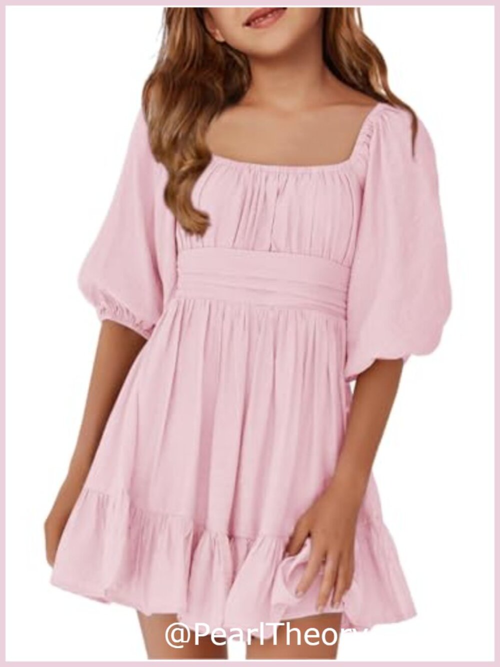 Girls Square Neck Tie Back A-Line Swing Dress Long Sleeve Casual Mini